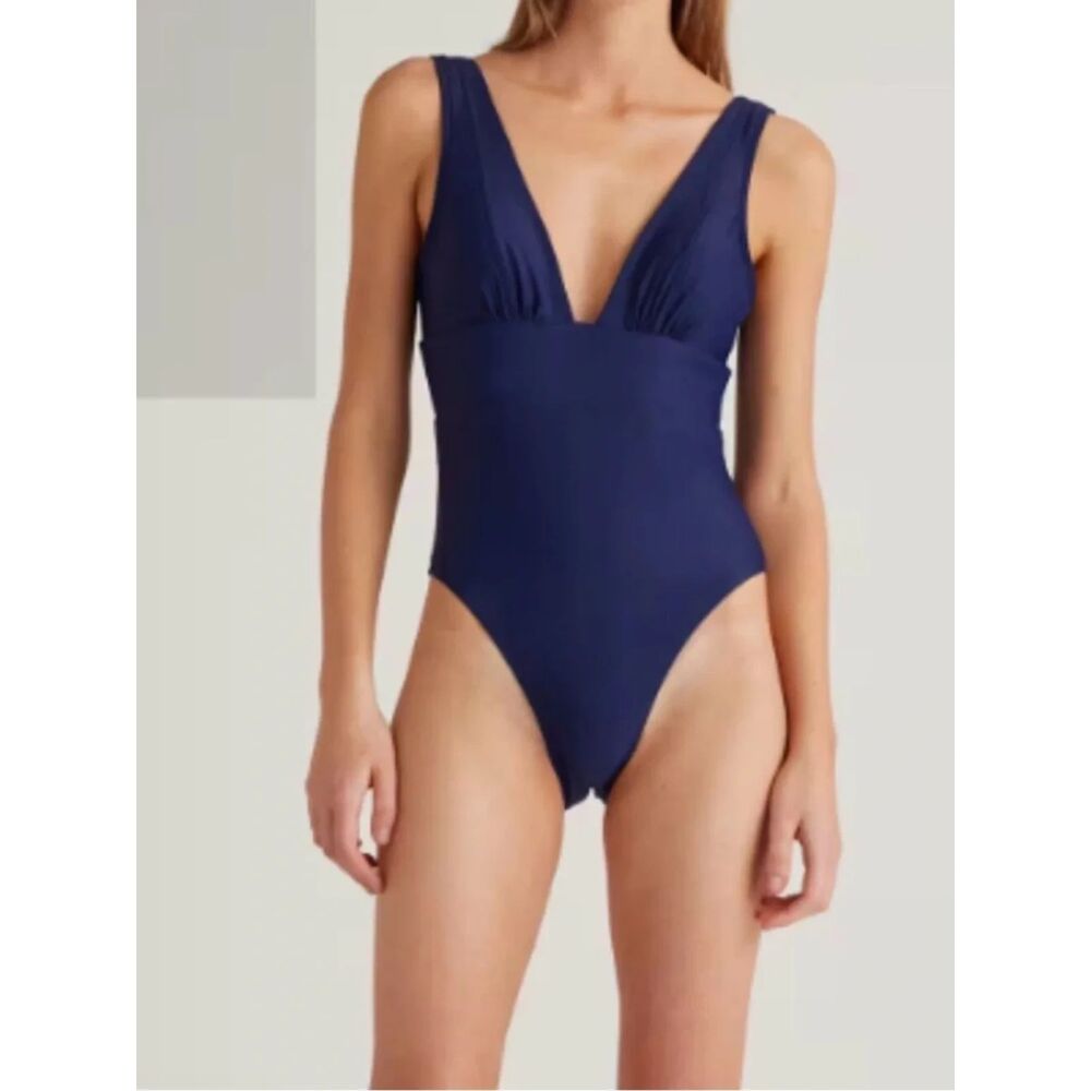 Quince Women's Italian Plunge High-Rise One-Piece Swimsuit in Deep Navy Blue M